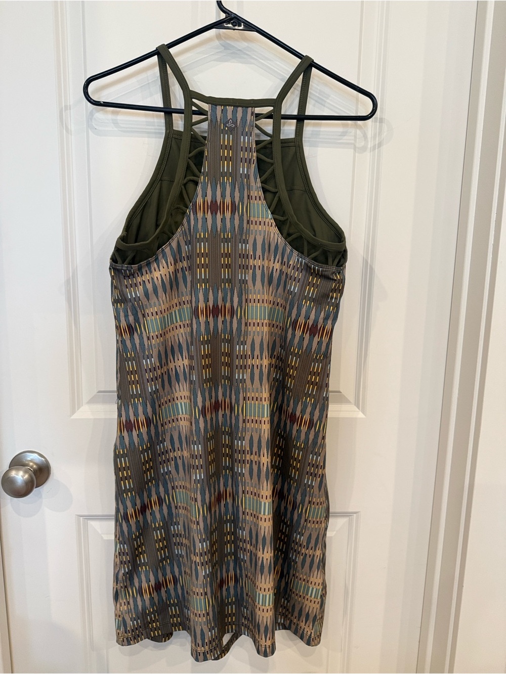 Prana Multicolor Geometric Halter Mini Dress with Olive Trim - Picture 3 of 8